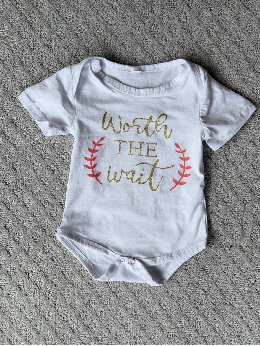 Source Unknown White Baby Bodysuit with Gold & Coral Pink Lettering